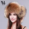 Trapper Hats Furtalk Kvinnors ryska Raccoonlamb Leather Cap Ushanka för kvinnor Winter Fur Hat Ear Cossack234m