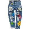 Frauen Jeans Frauen Hosen Mode Weibliche Blume Drucken Casual Loch Dame Volle Länge Hosen 2021