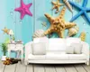 3D deniz manzarası duvar kağıdı güzel renkli deniz kabuklarını ve denizyıldızı Akdeniz'de mavi ahşap kurullarında HD duvar kağıdı