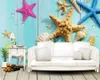 3d Seascape Wallpaper Beautiful Colored Seashells and Starfish on Blue Wooden Boards in the Mediterranean Sea HD Wallpaper