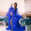 Royal Blue Ruffles Full Sleeve Robes de bal Enceinte Party Formal Women robe de soirée Sheer Robe Shawel Maternity Poshoot Gown2127