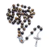 Holy Father Natural Tiger Eye Rosary Christ Cross Necklace Christian Accessories Christmas Gift