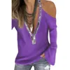 Women's T-Shirt Sexy Sequins V Neck Cold Shoulder Long Sleeve Women Solid Color Top Plus Size Decor Womens