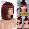 99J Borgogne Bob Wig Pixie Coup Coupre Human Human Brésilien Remy Straitement Wigs Wigs avec une frange pour les femmes noires Red Non Lace9304039