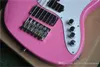 6 strängar rosa kropp elektrisk basgitarr med vit pärla inlay, krom hårdvara, lönn fingerboard, kan anpassas
