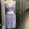 Twopiece Hoco Dress 2020 Purple Sequins Homecoming Glänningar Mantel Spaghetti Neck Short Prom Dress Backless Tassel Pink Blue4105169