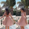 2020 아름다운 홍당무 핑크 보석 목 라인 홈 메이밍 무도회 드레스 섹시한 뒷다리 무릎 길이 졸업 가운 미니 칵테일 파