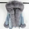 Vinter Natural Fox Fur Big Fur Collar Denim Loose Fashion Fur Avtagbar Lining Park Gädda Läderjacka Kvinnors Slitage