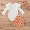 Newborn Baby Romper Sets Solid Colors Baby Onesies Long Sleeve Tops Kids Rainbow Shorts With Bow Headband Toddler Baby Clothes Set5694682