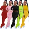 New Plus size 2X fall winter women long sleeve crop top+stack pants two piece set solid color outfits sweatshirt stack leggings tracksuits 3653