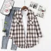 2020 autunno Plaid Camicia di Flanella Donne Camicette E Magliette E Camicette Retro Cotone Della Signora Capispalla Allentato Chemisier Femme Due Tasche