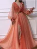 New Customize Orange A Line Elegant V Neck Evening Dresses Long Split Front 3D Flowers Party Dress Robe De Soiree