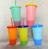 16oz 24oz 24oz Tasse à changement de couleur en plastique PP détection de température Tasses à boire magiques Tasses avec couvercle et paille Gobelets réutilisables GGA3666-1