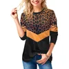 Женщины леопардовые футболки с длинным рукавом многоцветные панели свободные осени осень осень