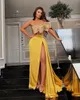 2020 Arabic Aso Ebi Gold Luxurious Sexy Evening Beaded Crystals Prom Dresses High Split Formal Party Second Reception Gowns ZJ255