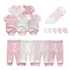 2020 sólido unisex recém nascido roupas do bebê menino bodysuits calças chapéus luvas roupas da menina do bebê conjuntos de roupas de algodão y20088617636