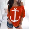 Fanbety women sexy off shoulder Two Piece Sets dress Boat Anchor Print Shirts Striped dress Sets Lady casual Ankle-Length dress