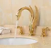 Soild Copper Gold Finish Bathroom Faucet  Golden Swan Shape Basin Tap Dual Handle Deck Mount