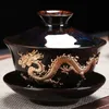 Soupière à thé incrustée d'argent Dragon Gaiwan, bol à thé domestique fait à la main, changement de four avec Dragon doré