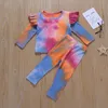 Детские Tie Dye одежда Комплекты с длинным рукавом + Брюки 2pcs / набор Бутик Девочек вязальной Наряды M2567