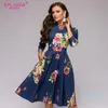 Vente chaude S.flavor Vintage Femmes Floral Imprimé Marine A-ligne Robe Élégant O-cou 3/4 Manches Slim Party Vestidos Printemps Été Casual Dress