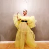 Illusion Light Yellow Plus Size Prom Dresses Off Shoulder Robe Tiered Tule Vestido de Festa Goedkope Avondjurk Bekijk Thro Party Towns