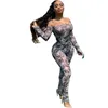 Womens Money Dollar Print Sheer Mesh Overall Frauen Sexy Off Schulter Lange Flare Hülse Dünne Strampler Nachtclub Insgesamt Outfit