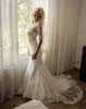 Spitze 2021 Vintage -Kleider von der Schulter 1/2 halbe Ärmel Perlen -Sweep -Zug machte Hochzeitskleid Vestido de Novia