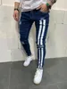 Trendiga män mager jeans cyklist förstörde frayed fit denim rippade denim byxor sidor rand blyerts byxor hip hop streetwear246o