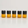 Mest populära 1/4 Dram 1ml Mini Amber Glass Essential Oil Bottles Parfym Provrörsflaskor med svart skruvlock LX2770