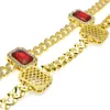 Chains Men'Miami Cuban Link Necklace Gold Silve Color 5pcs Square Red Gem Crystal 30" Full Rhinestone Hip Hop Rock Jewelry1