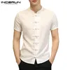 Incerun kinesisk stil traditionell skjorta män kort ärm vintage elegant skjorta fast färg smal män avslappnad klänningskjortor kemis