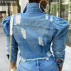 Kobiety Dżnowy Kurtki High Street Vintage Cropped Short Jean Coat Casual Puff Sleeve Slim Ripped Jeans Kurtka