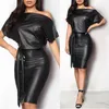 Casual Dresses Black Asymmetrical Sexy Faux Leather Bodycon Dress Women Summer Long Sleeve Kne Length Pencil190Z