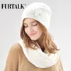 Lã Cashmere Winter Hat for Women Double forncing Warm Knit Feanie Fur Hats Girls com Floral B009 Davi22