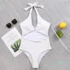 Fashion- White One Piece Designer Swimsuit Women Solid Color Halter Push Up swimwear Sexy Backless Slimming Bodysuit Bandage Padded Bathing