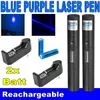 2pack 301 kraftfull blå violet laserpenna pekare 405nm stråle ljus lärarfokus laser penna + 18650 batteri + laddare
