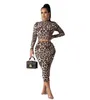Women's Two Piece Dress Suit Leopard Blouses Hoodies Crop Tops + Skinny Skirt Bodycon Dresses Outfits Fashion Party Bar Clothing Suit LY811