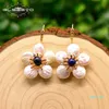 Hot Koop GLSEEVO Natural Fresh Water Baroque Pearl Lapis Lazuli Flower 925 Sterling Silver Stud Earring voor Vrouwen Fijne Sieraden