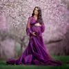 Tulle Maternity Robes Sexy Purple Bridal Sheer Appliques Lace Evening Dressing Gowns for Photo Shoot Plus Size Deep V-neck Gown