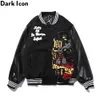 Icona scura PU in pelle patchwork bomber giacca ricamo imbottito spesso inverno giacche da uomo giacca da baseball uomo