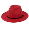 Whole Unisex Flat Brim Wool Felt Fedora Hats with Belt Red Black Patchwork Jazz Formal Hat Panama Cap Trilby Chapeau for Men W256h