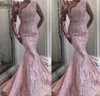 One Shoulder Pink Muslim Evening Dresses Long Mermaid Lace Appliqué Beaded lace Elegant Luxury Dubai Evening Gowns 2020 Prom Dress