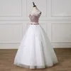 2021 Blanco A-line Vestiodes De Quinceanera Vestidos de baile 2 piezas Major Beading Crystal Keyhole Back Long Homecoming Graduation Dress Party