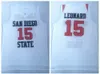 NCAA 샌디에고 주 AZTECS 15 Kawhi Leonard 대학 농구 유니폼 블랙 화이트 대학 셔츠 스티치 패치 수 놓은