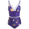 Przednia wiązana stroje kąpielowe dla kobiet Wysoka talia Lace Up Ruched Sun Star i Moon Tankini Set Spaghetti Paski Wyściełany Swimsuit