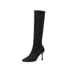 Mode femmes genou bottes chaussettes chaussons bout pointu mince talons hauts sans lacet bottes Sexy robe de soirée strass automne