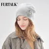 Lã Cashmere Winter Hat for Women Double forncing Warm Knit Feanie Fur Hats Girls com Floral B009 Davi22