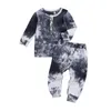 2 st spädbarnsbeständare Tiedye Print Outfits långärmad rund hals t -shirt topelastic midjebyxor höst barnkläder set5840492