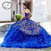 Royal Blue Quinceaneraドレスメキシコ2020ゴージャスゴールドアップリケプロングガウンヘビーハンドメイドオーガンザフリルスウィート16ポージェントドレスコルセット